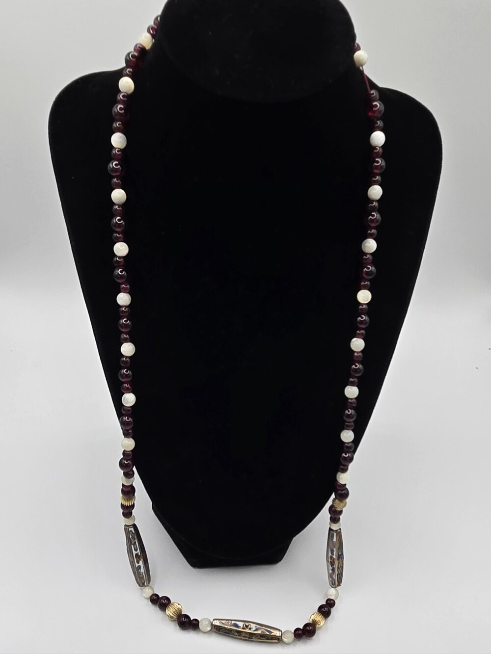 Garnet And Mother Of Pearl Beaded Necklace With Cloisonné And Gold Accents